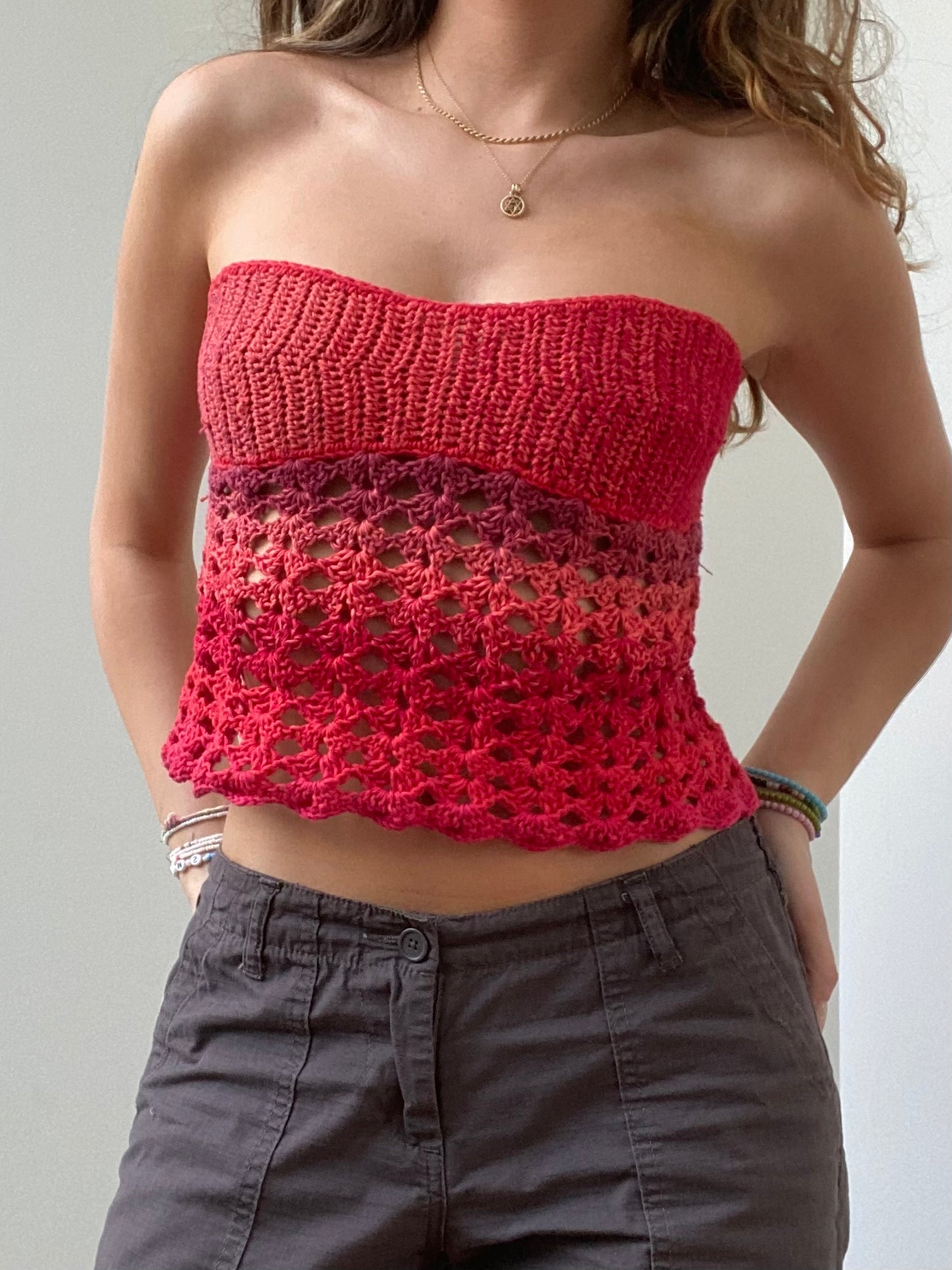 Crochet tube top with mesh pattern