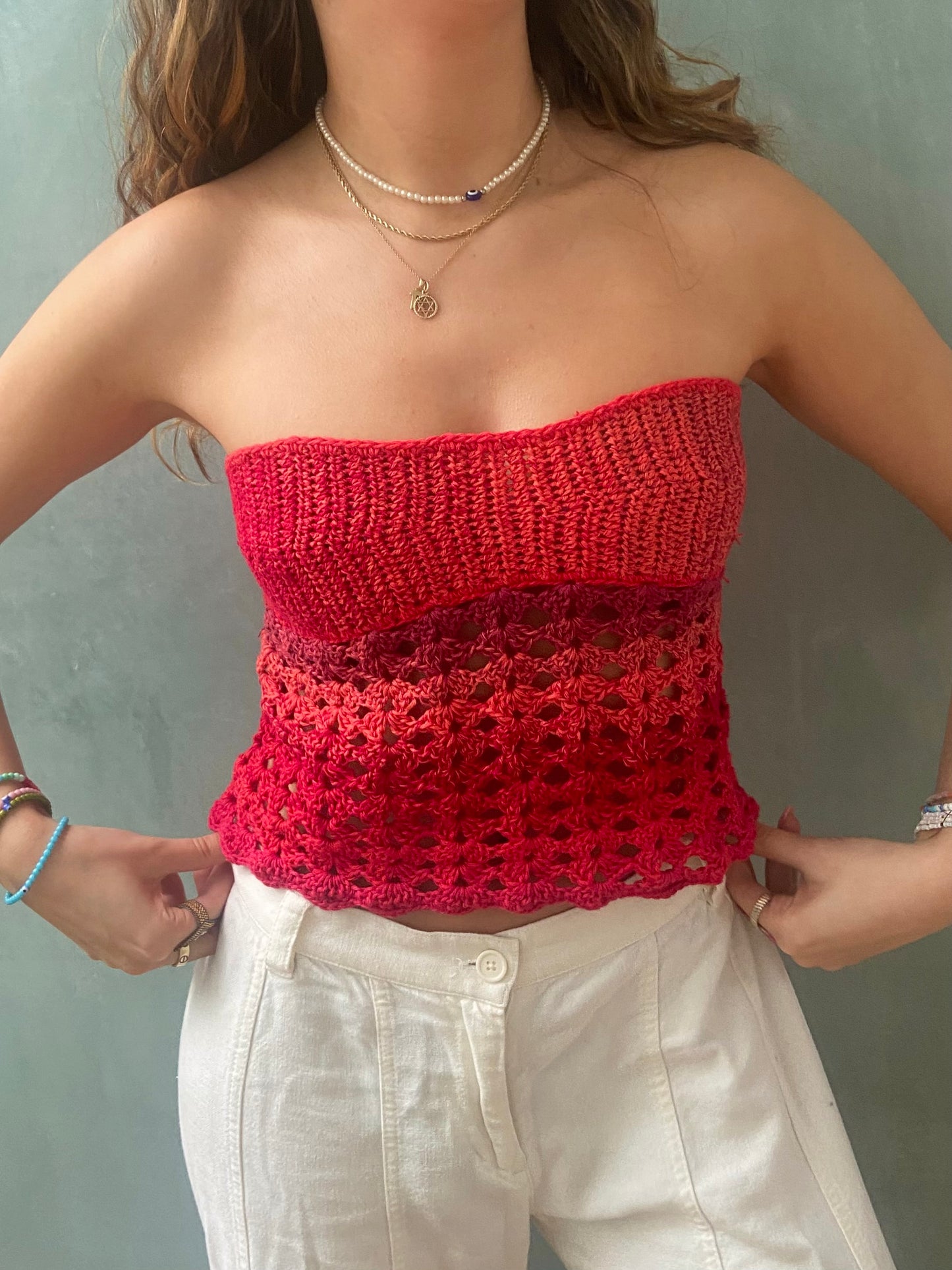 Crochet tube top with mesh pattern