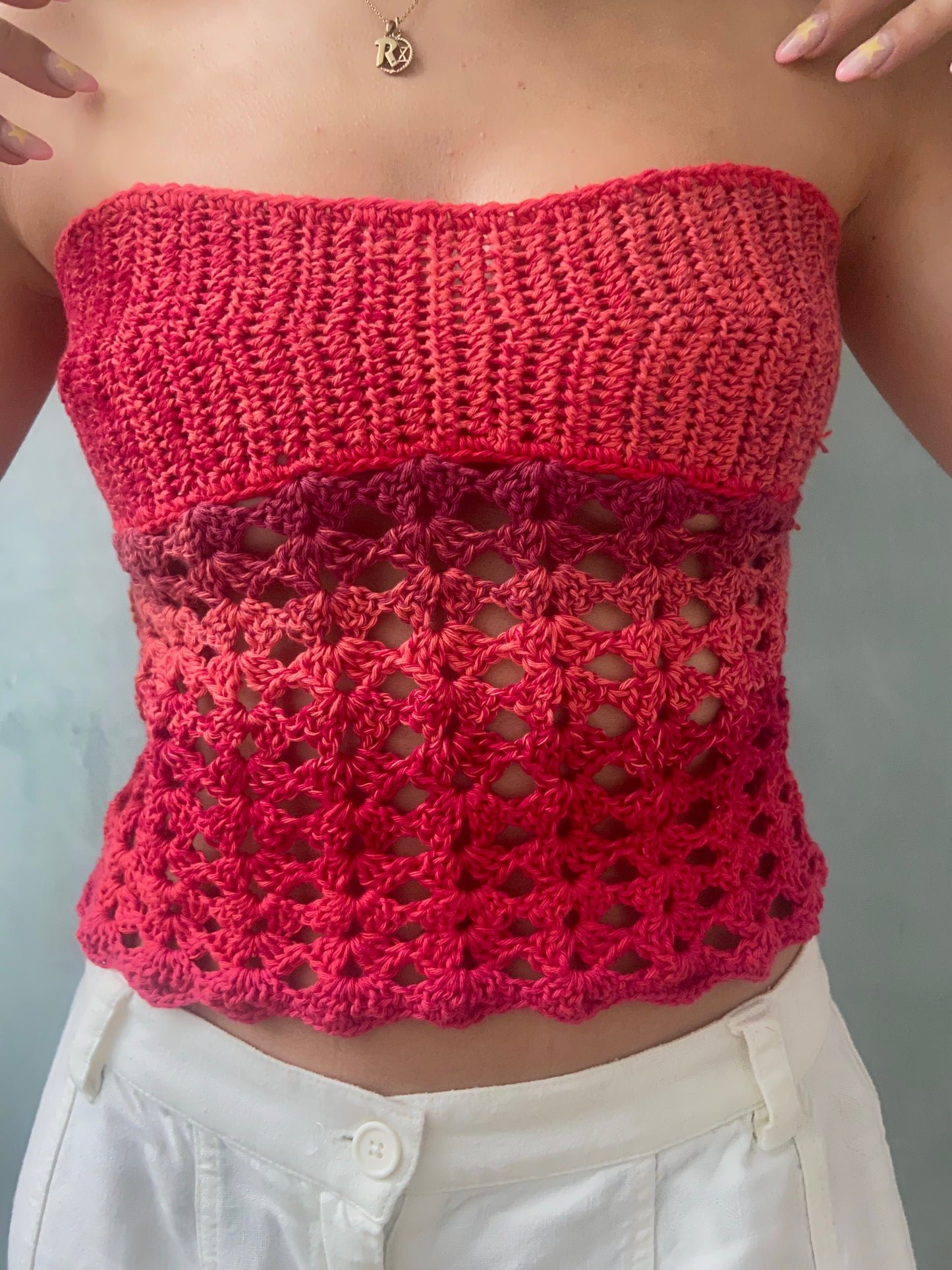 Crochet tube top with mesh pattern